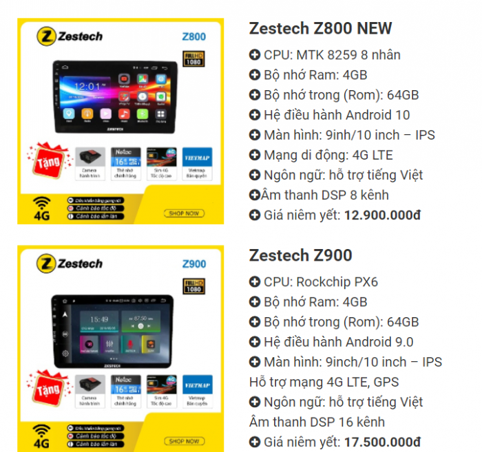 Bảng giá và cấu hình màn hình Zestech Z800 New,z900