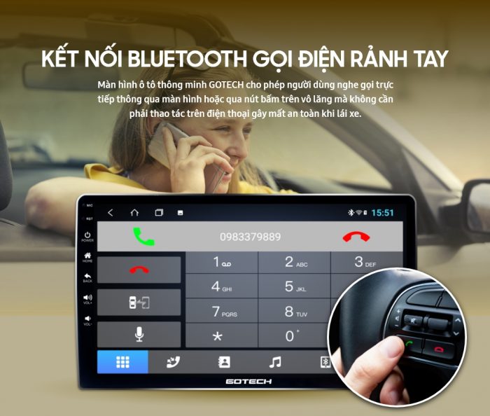 Màn hình Gotech kết nối Bluetooth nghe nhạc gọi diện 