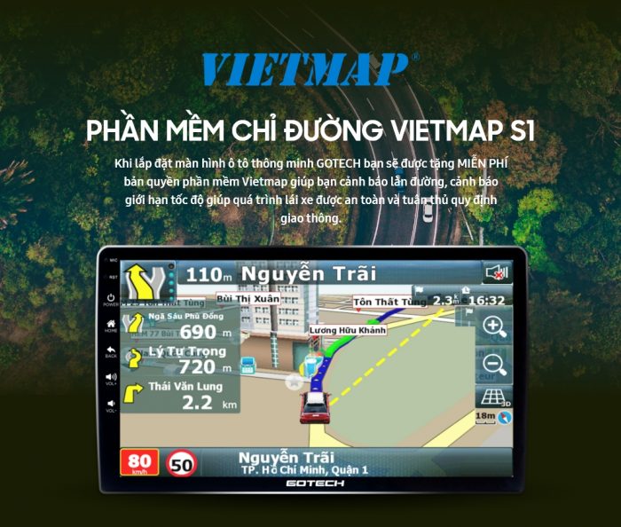 Phần mềm chỉ đường Vietmap S1 hiển thị hình ảnh đi đường trên màn hình Gotech cho xe Sunny