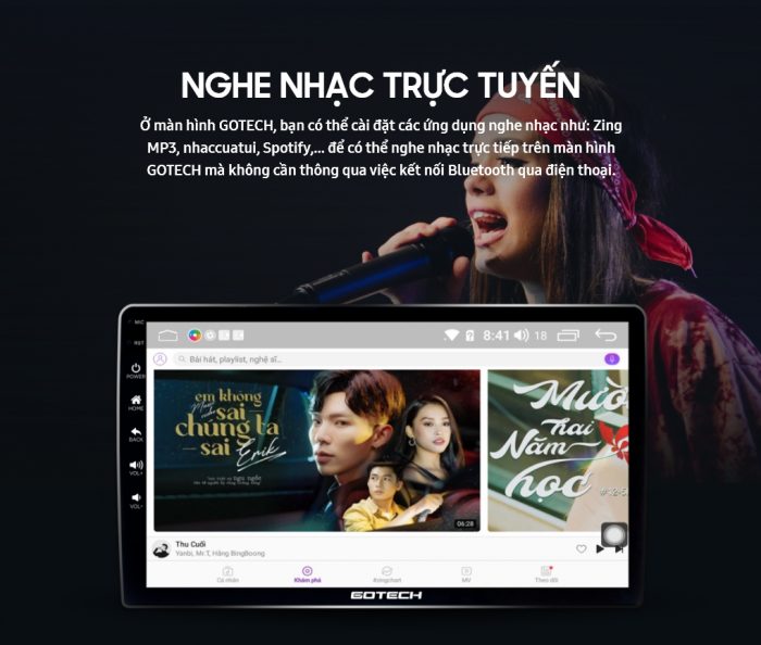 Màn hình ô tô thông minh Gotech hỗ trợ cài đặt ứng dụng nghe nhạc trực tuyến