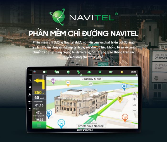 Màn hình ô tô Gotech hỗ trợ chỉ đường bằng phầm mền Navitel