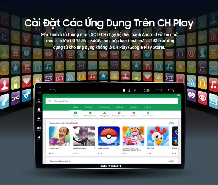 Màn hình Gotech cho xe Civic hỗ trợ cài đặt các ứng dụng trên CH Play