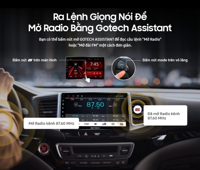 Ra lệnh giọng nói đẻ mở Radio bằng Gotech Assistant trên màn hình Gotech