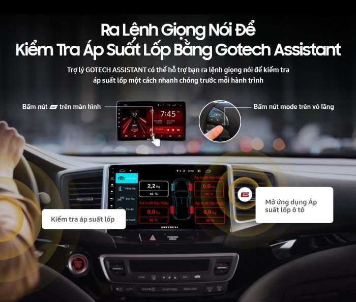 Màn hình ô tô Gotech hỗ trợ ra lệnh giọng nói để kiểm tra cảm biến áp suất lốp