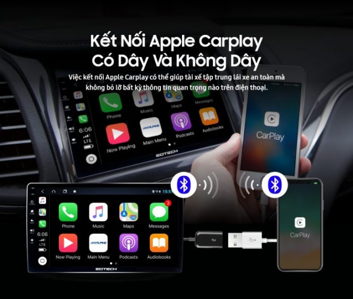 Kết nối Applar Carplay không dây giúp hiển thị hình ảnh, thôn g tin lên màn hình ô tô GOTECH 