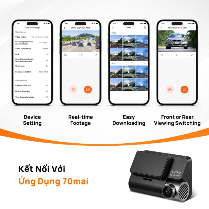 Với camera 70mai A810, bạn có thể dễ dàng kết nối app 70mai để xem lại video và tải xuống dễ dàng