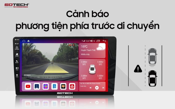 Màn hình ô tô thông minh Gotech GTS4 cảnh báo phương tiện phía trước di chuyển