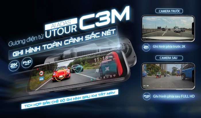 Camera hành trình gương Utour C3M ghi hình toàn cảnh sắc nét chất lượng 2K