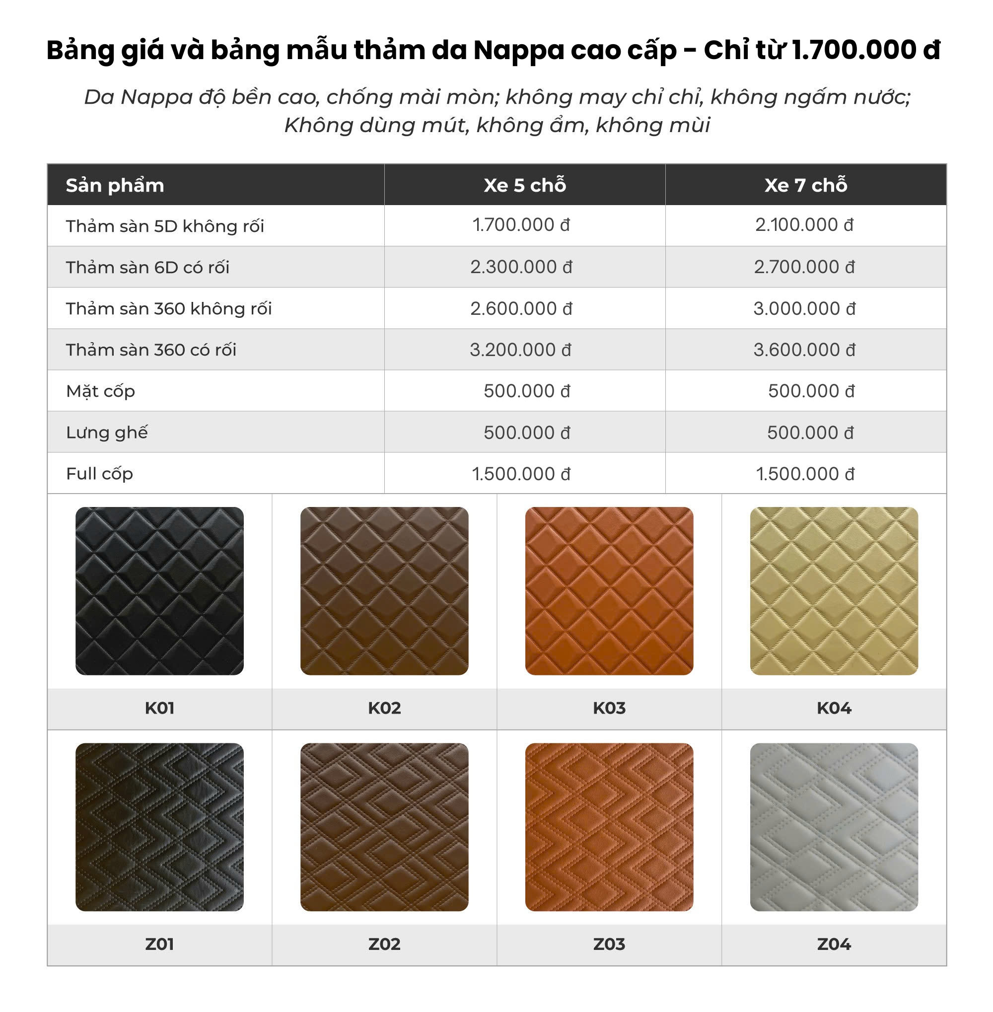 Bảng giá và bảng mẫu thảm lót sàn 5D 6D da NAPPA Cao cấp mới 2025