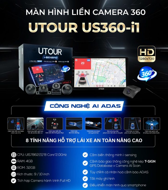 Màn hình liền camera 360 AI ADAS UTOUR US360 có cấu hình cao