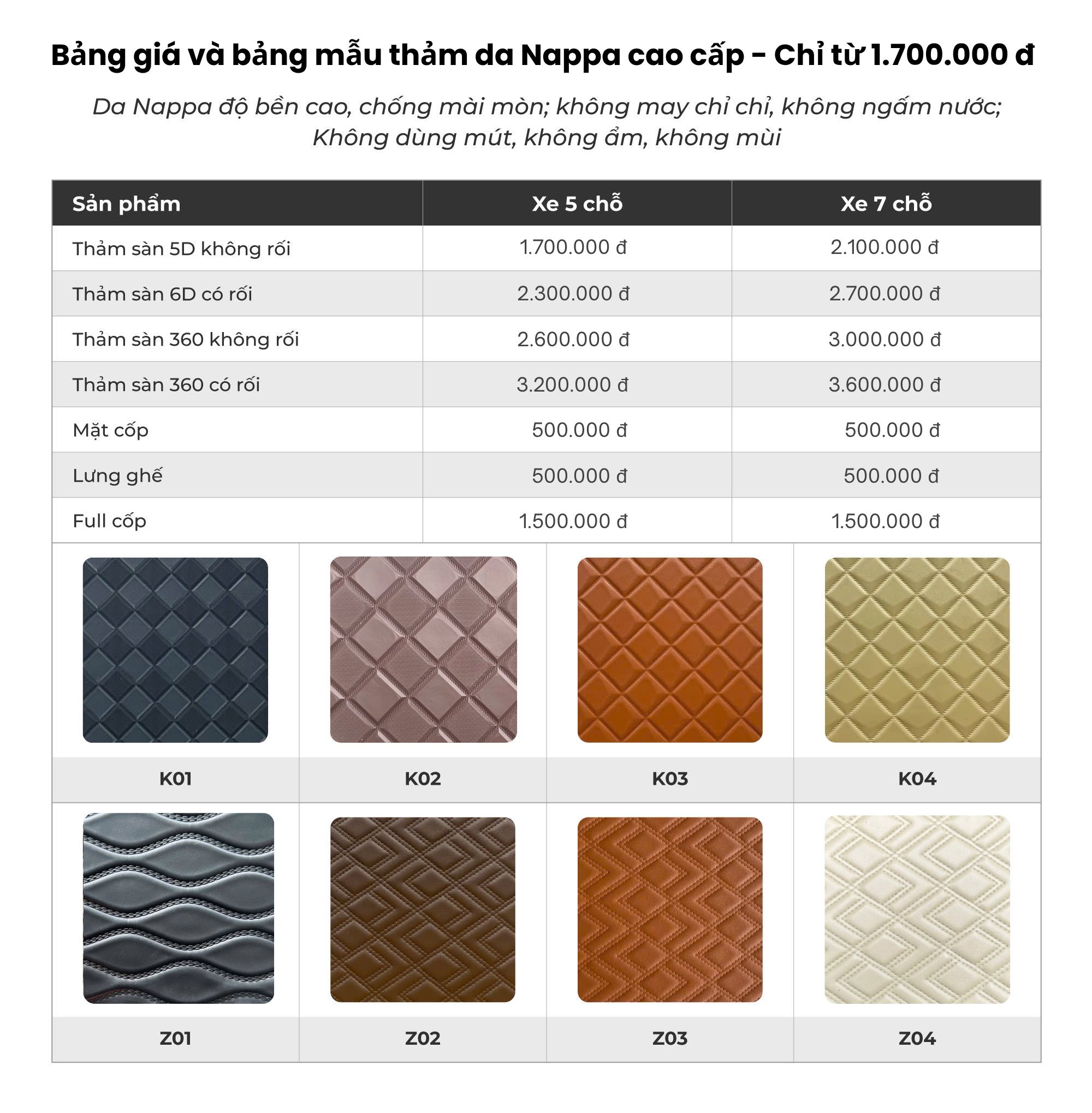 Bảng giá và bảng mẫu thảm da Nappa- Chỉ từ 1.300.000 đ