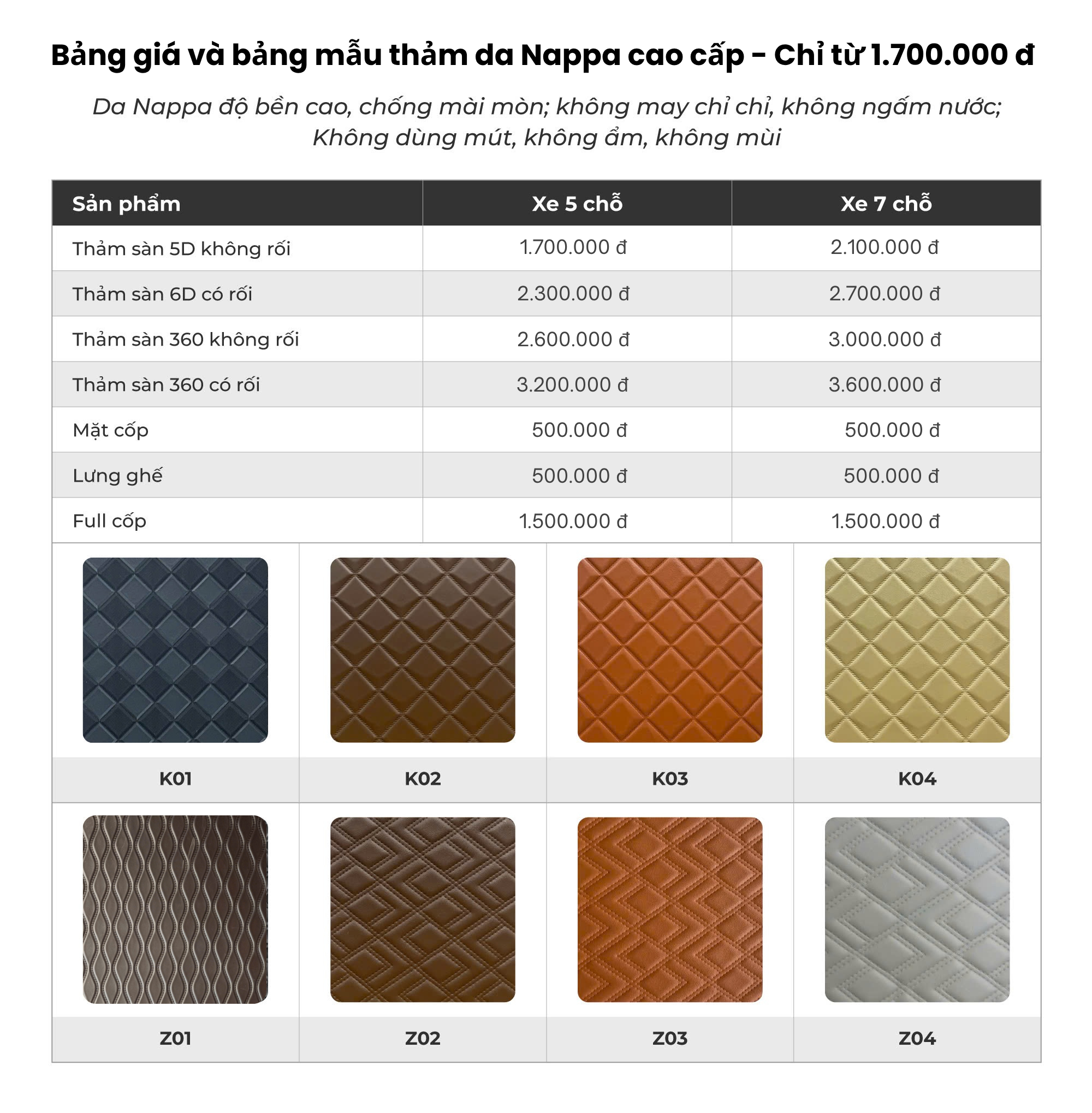 Bảng giá và bảng mẫu thảm da Nappa tai Panda Auto Chỉ từ 1.700.000 đ